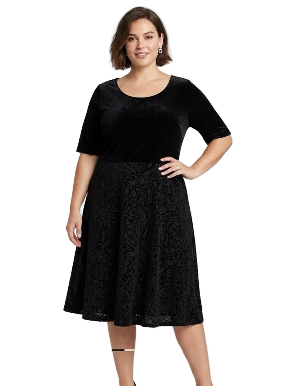 Lands' End Formal Black Patterned Velour Short Sleeve Midi Dress NWT